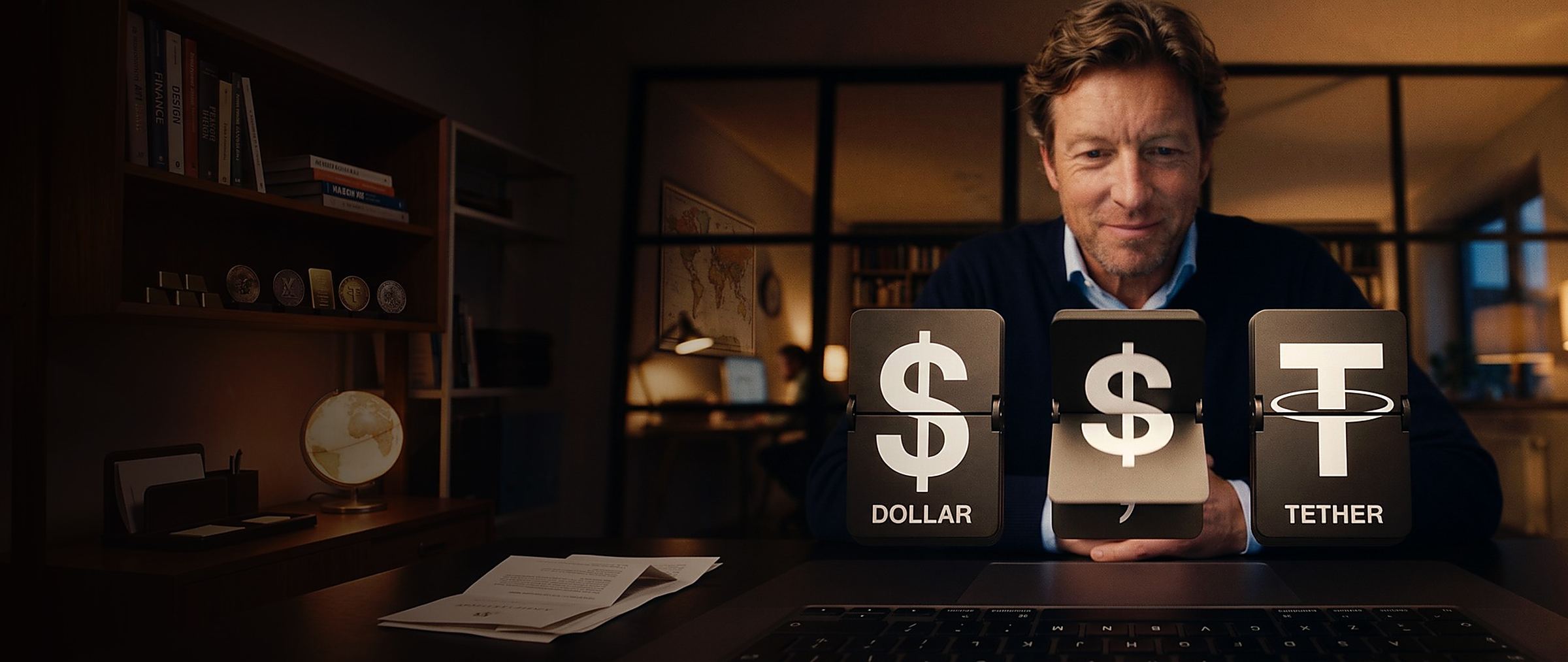 Executivo com representações de dólar e de stablecoin sobre a mesa de trabalho