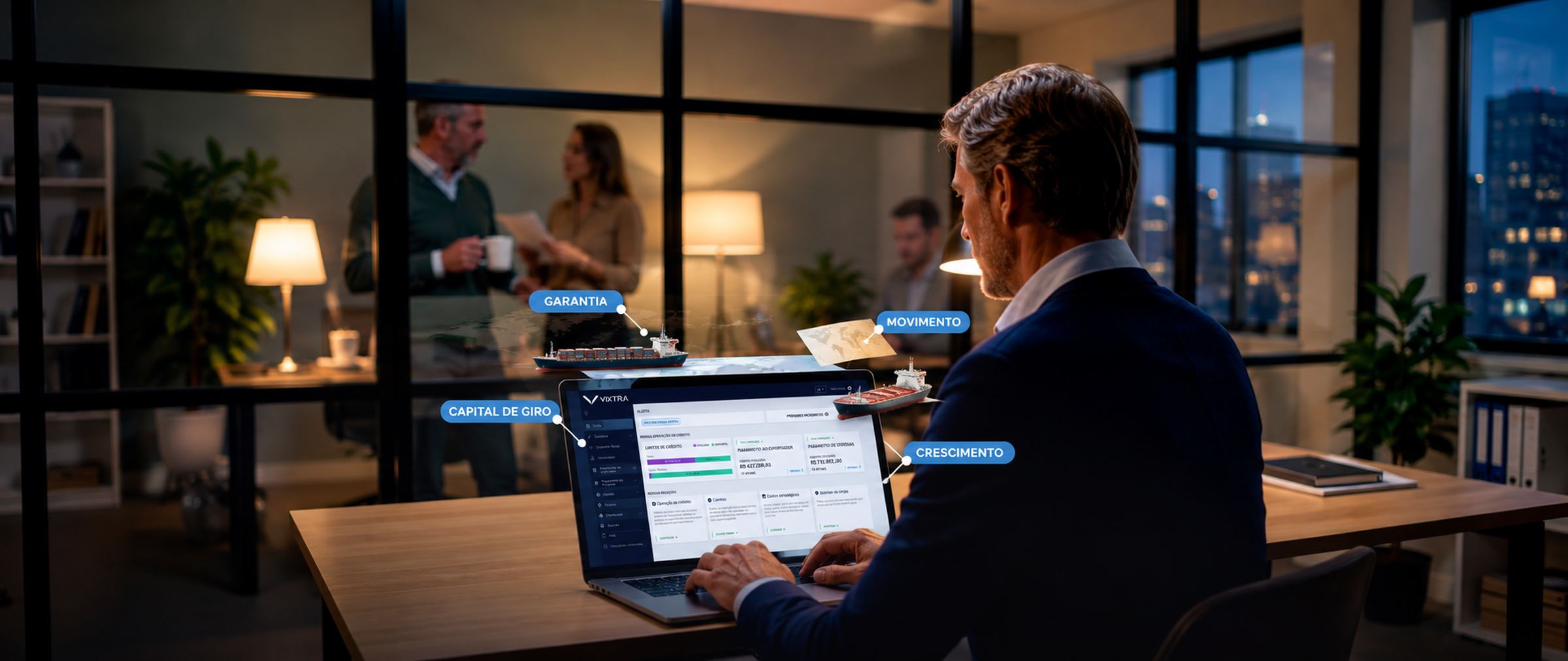 Executivo analisando indicadores financeiros da operação de importação num laptop