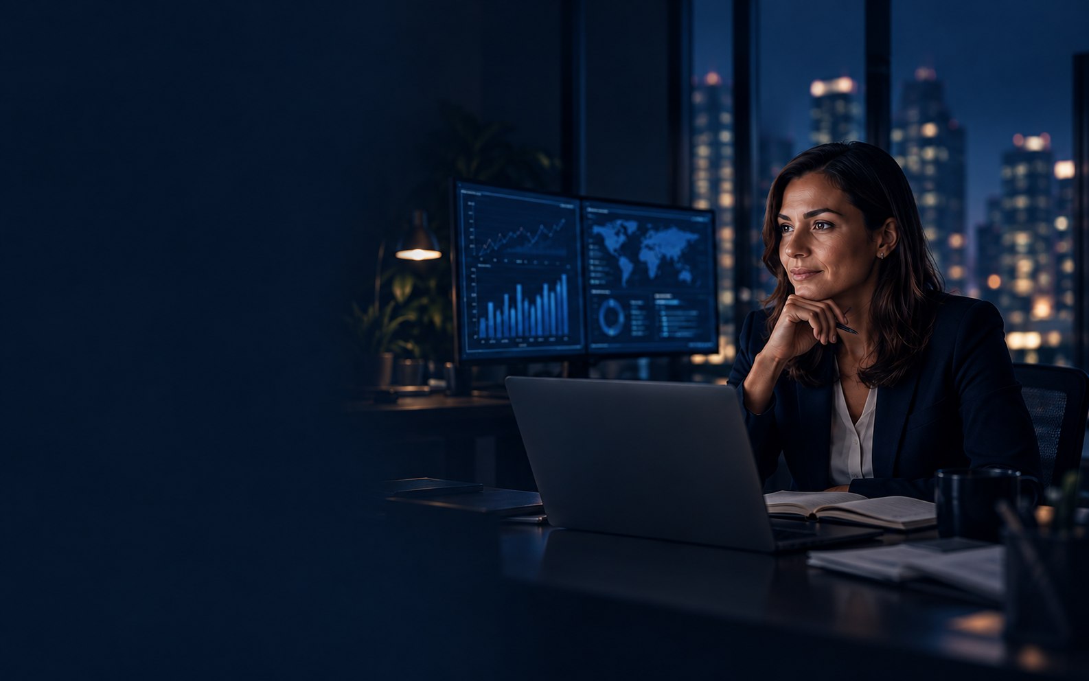 Executiva analisando indicadores financeiros em um escritório corporativo