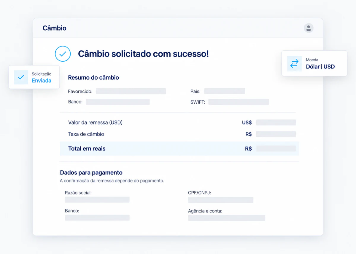 Tela de câmbio: resumo da remessa em dólar e dados para pagamento.