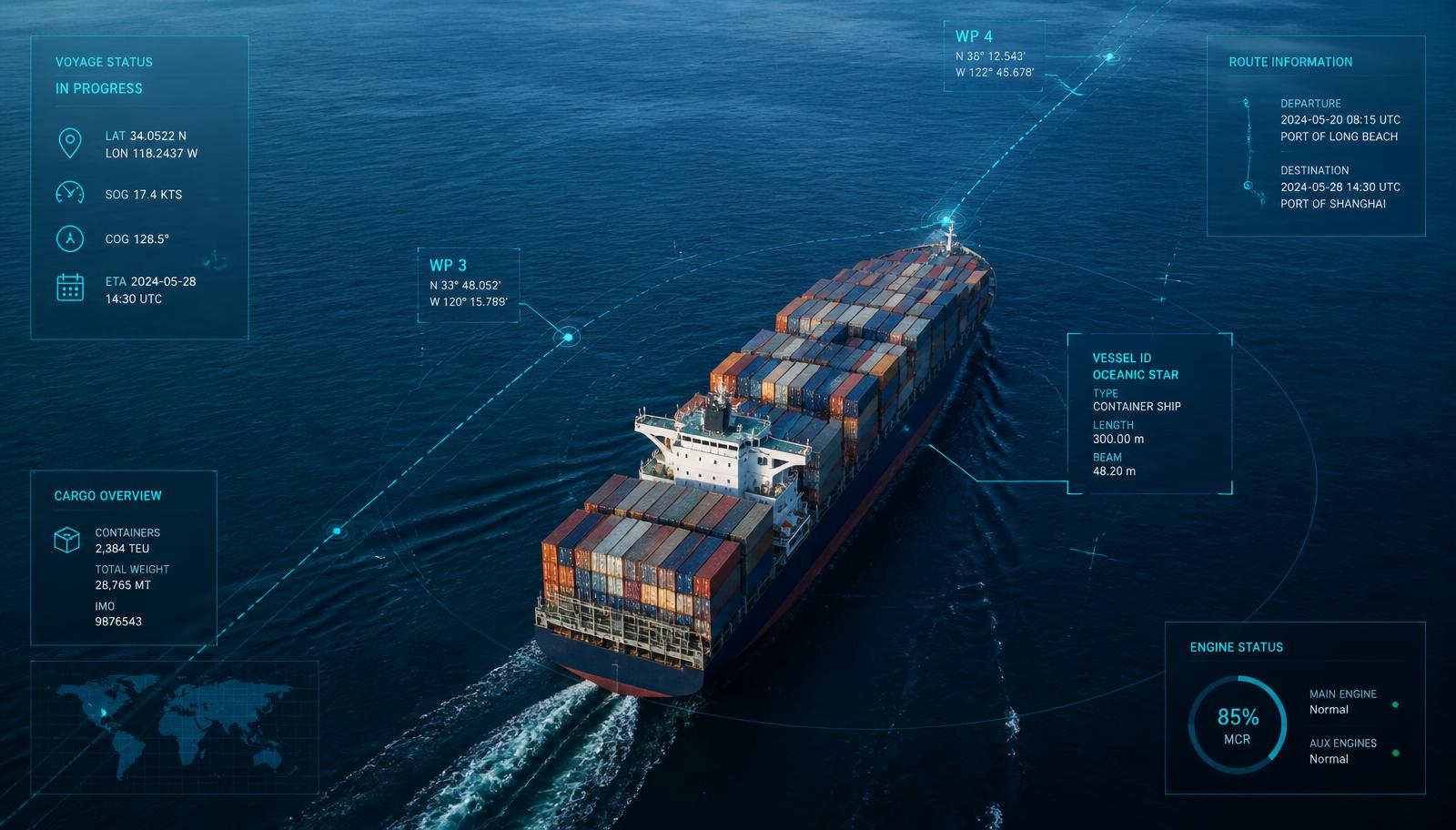 Navio porta-contêineres com camada de dados de rastreio em tempo real sobre a rota marítima