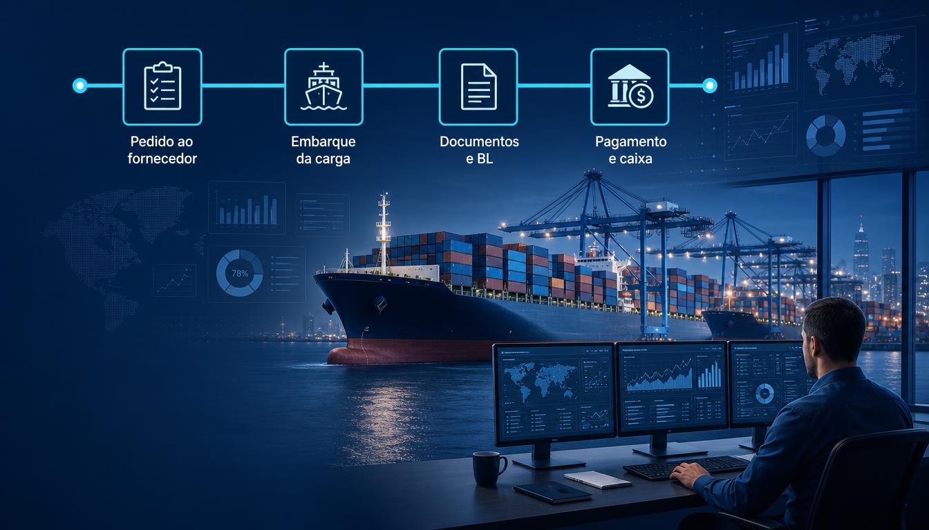 Navio porta-contêineres em terminal portuário com linhas de dados conectando etapas da operação de importação