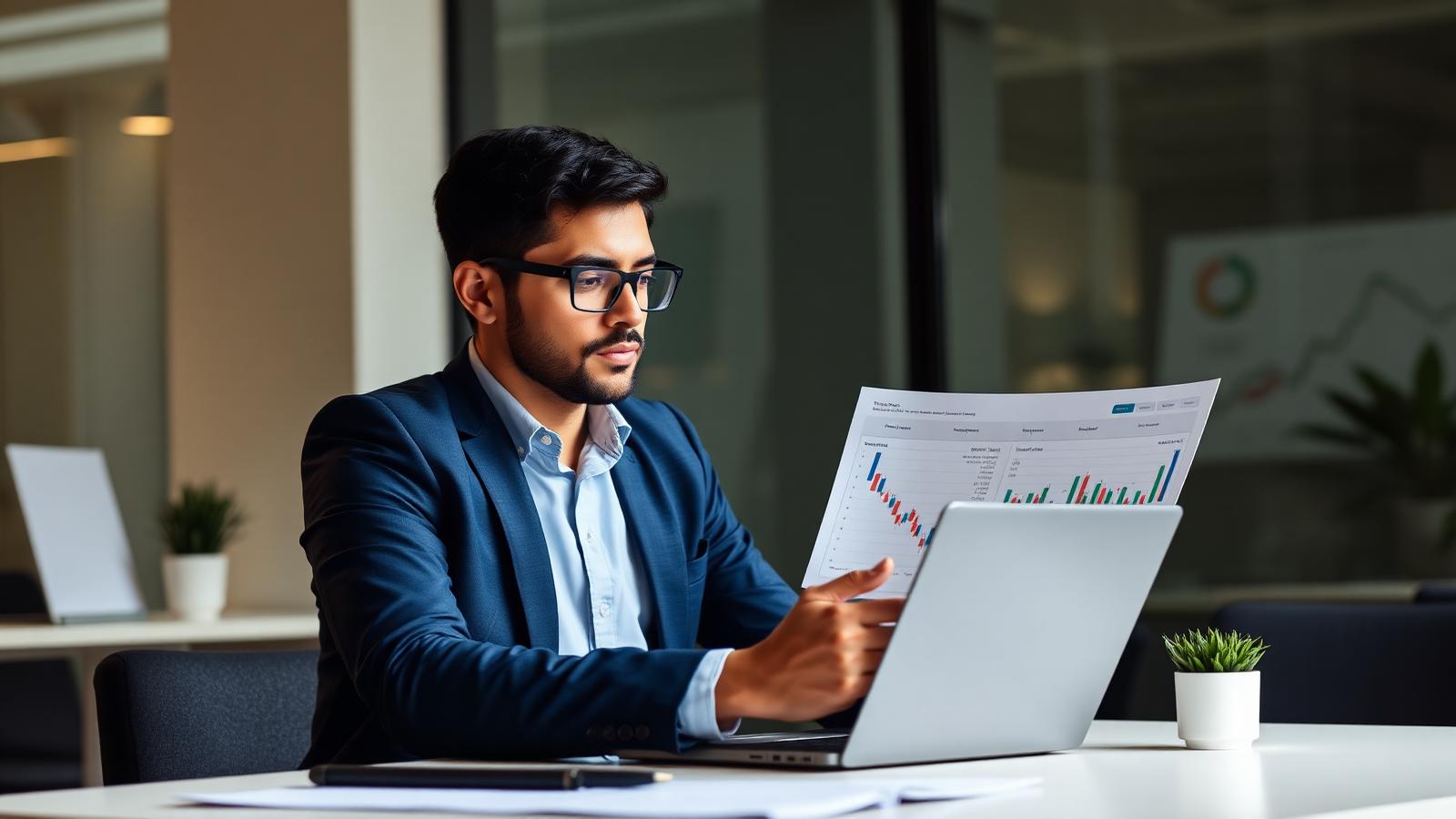 Gestor financeiro analisando fluxo de caixa e cotações em laptop, representando planejamento financeiro na importação