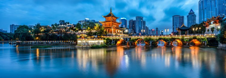 Guiyang, China skyline at Jiaxiu Pavilion on the Nanming River